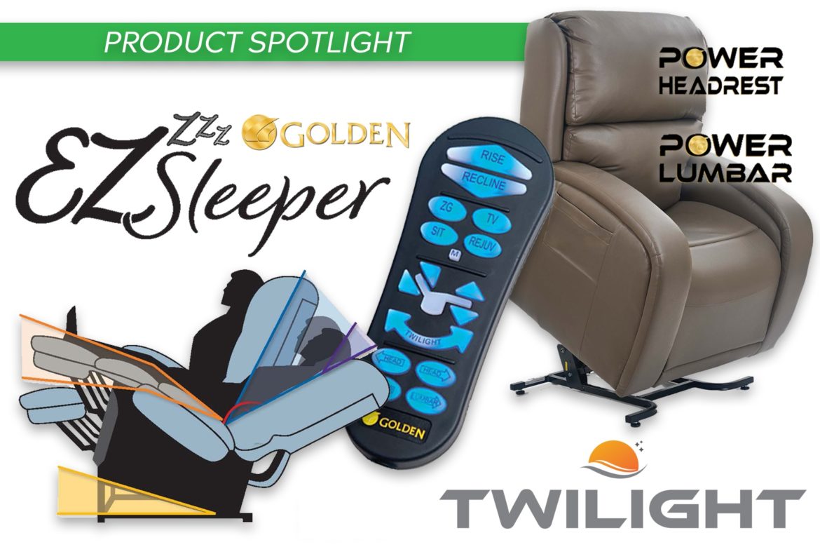 Golden EZ Sleeper Lift Chair product spotlight image. Photos of the EZ sleeper lift chair, the EZ sleeper lift chair remote, and the chair in various reclining positions.